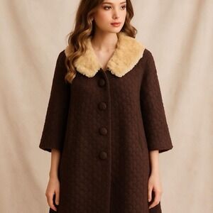 Vintage 50s Boucle Wool Swing Coat Faux Mouton Fur Collar Brown‎ Women's Medium